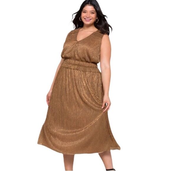 TAYLOR DRESSES Crinkle Metallic Chiffon Dress gold size 10 midi NWT SLEEVELESS - Picture 1 of 8